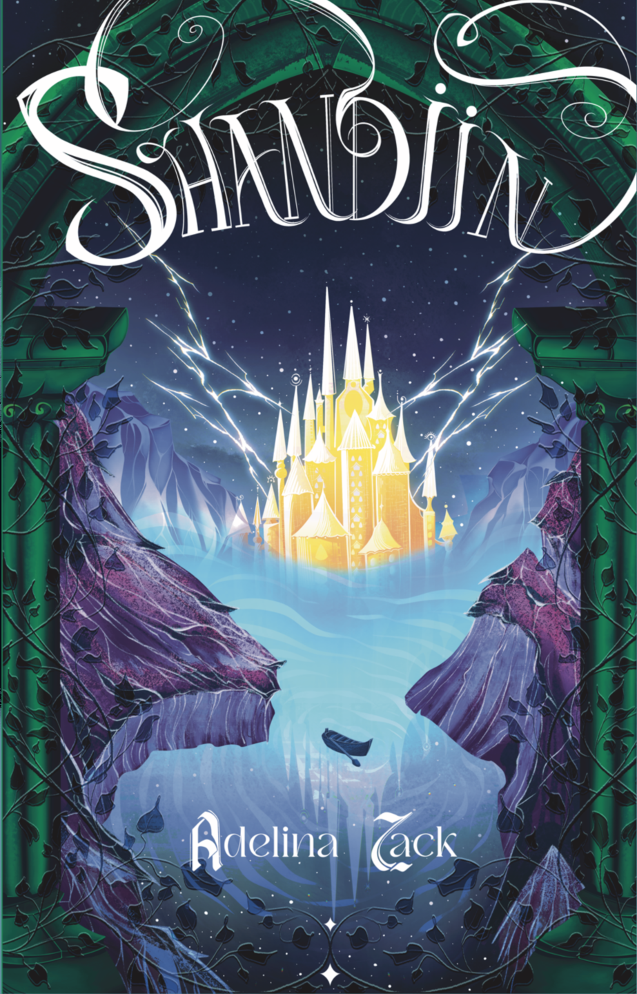 fantasy book cover design shown both flat and as a floating hardcover mockup. The artwork centers on a radiant castle rising from misty turquoise water, surrounded by jagged violet rock formations and framed by an ornate green gothic arch. White lightning stretches across the dark sky, while elegant hand-lettered typography adds a dramatic, enchanted feel.