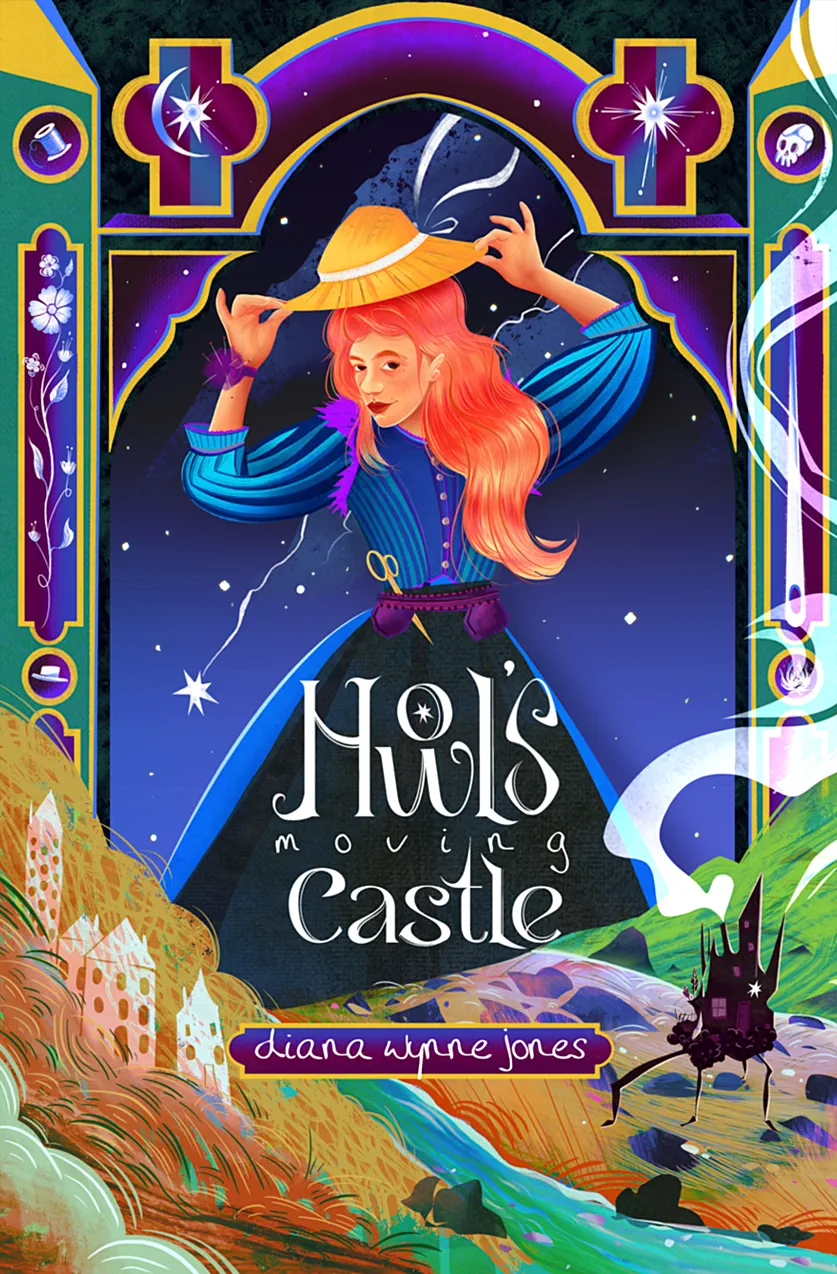  A vibrant illustrated book cover design for Howl’s Moving Castle by Diana Wynne Jones, shown both as a front cover and in a hardcover mockup. The composition centers on a red-haired young woman adjusting her straw hat beneath an ornate decorative arch, set against a deep indigo sky with falling stars and magical energy. Flowing hills, colorful architecture, and the small silhouette of a moving castle create a whimsical, adventurous fantasy setting. Rich jewel tones, stylized lettering, and intricate border details give the piece a bold, enchanting Feel