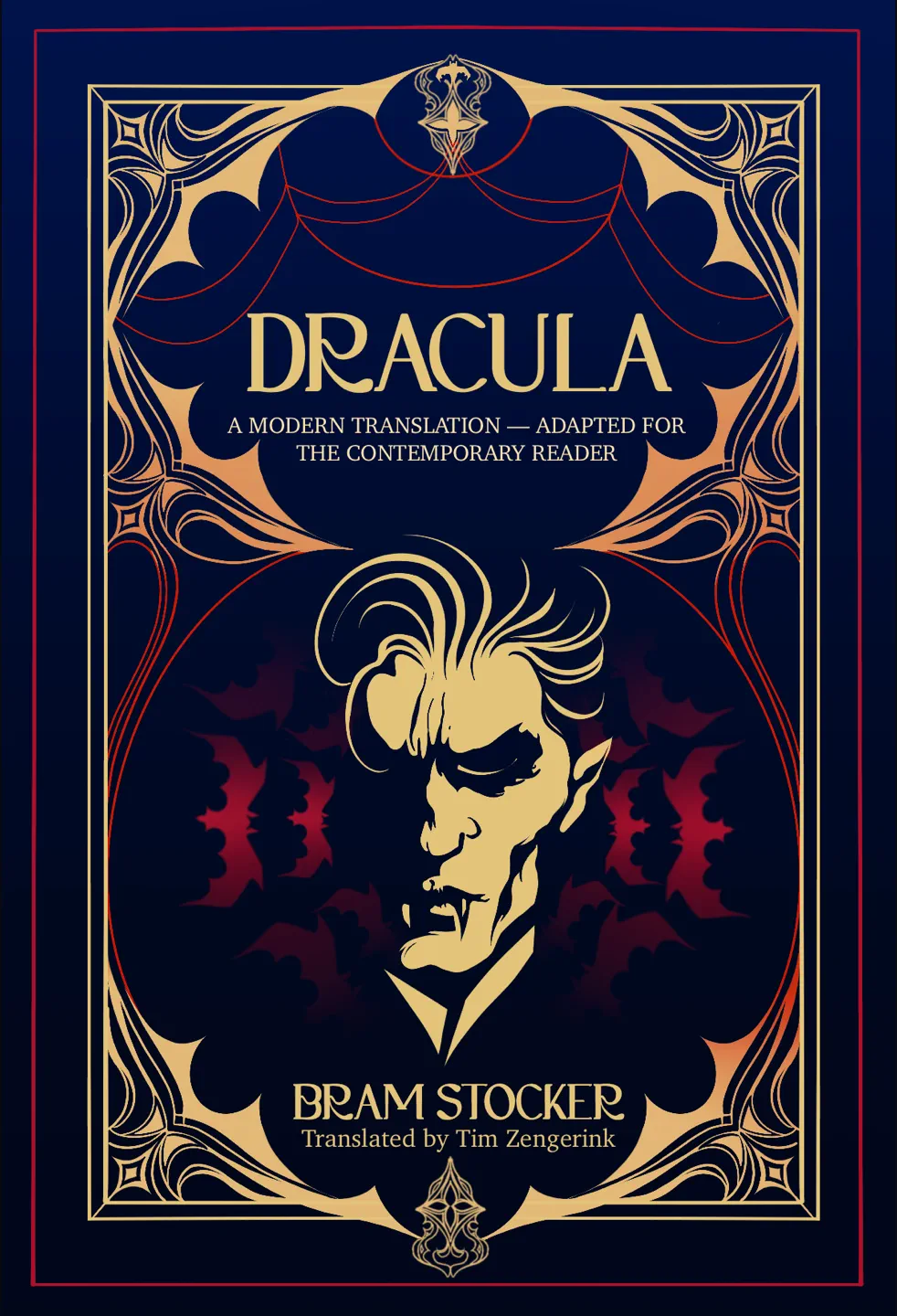  A special edition illustrated book cover design for Dracula by Bram Stoker, shown both as a flat cover and in a hardcover mockup. The composition centers on a sharp, haunting portrait of elegant man surrounded by symmetrical bat motifs and intricate ornamental borders that blend gothic and Art Deco influences.
