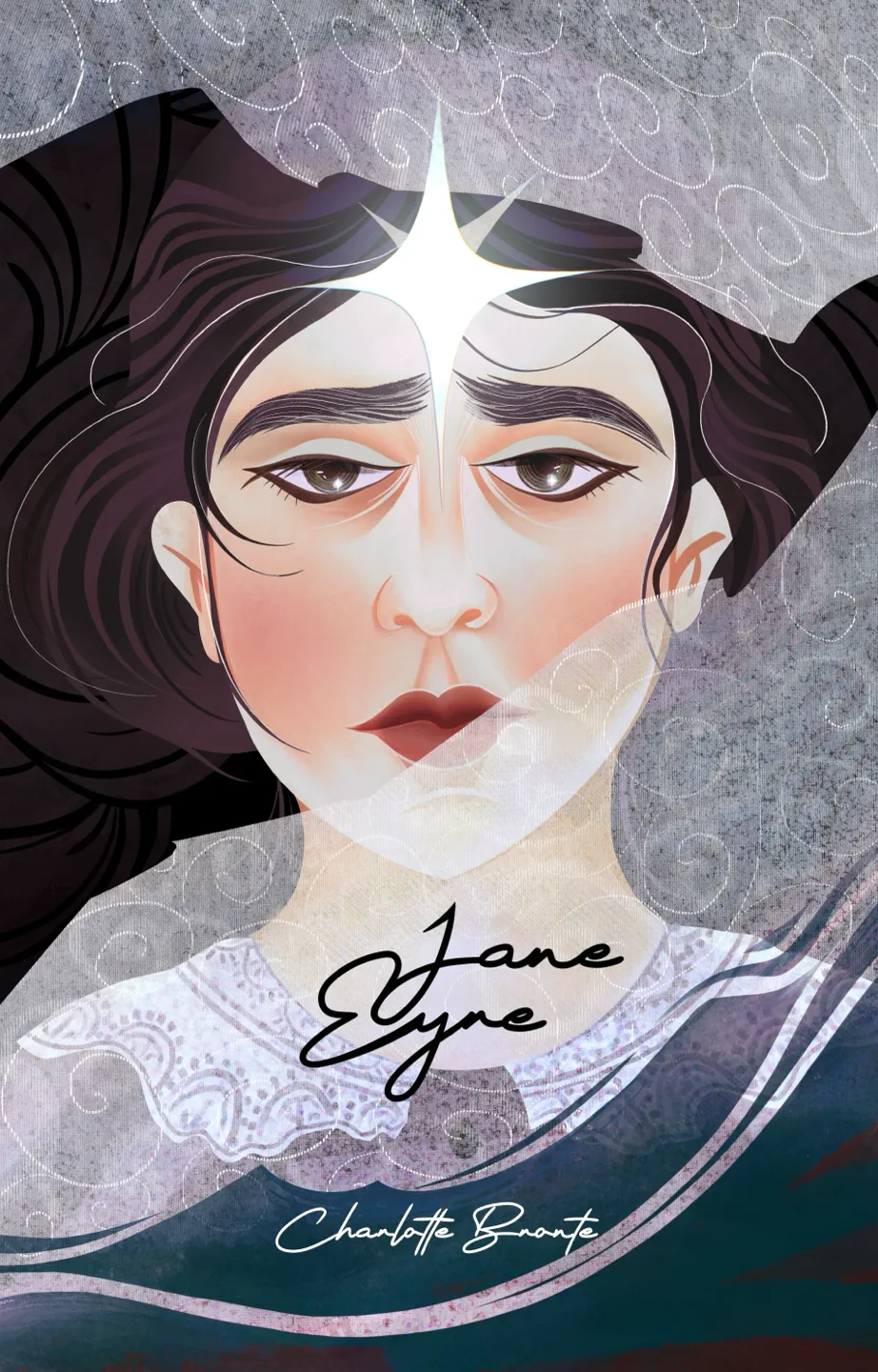 A contemporary book cover for Jane Eyre by Charlotte Brontë, shown both as a front cover and in a hardcover mockup. The composition focuses on ethereal, elegant young woman with dark flowing hair, soft pink cheeks, and a luminous star-shaped light on her forehead. Translucent veils, swirling decorative textures, and muted gray-blue tones create an ethereal, melancholic atmosphere