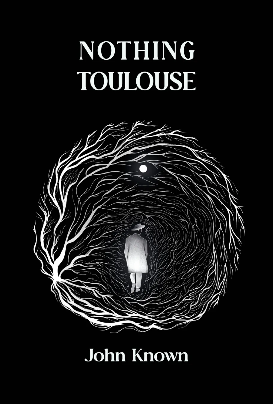 The cover uses a stark black-and-white palette, with a small glowing figure at the center of a vortex-like ring of intertwining tree branches. A moon hovers overhead, adding tension and mystery to the composition. The restrained typography, high contrast, and symbolic imagery create an eerie, introspective atmosphere.